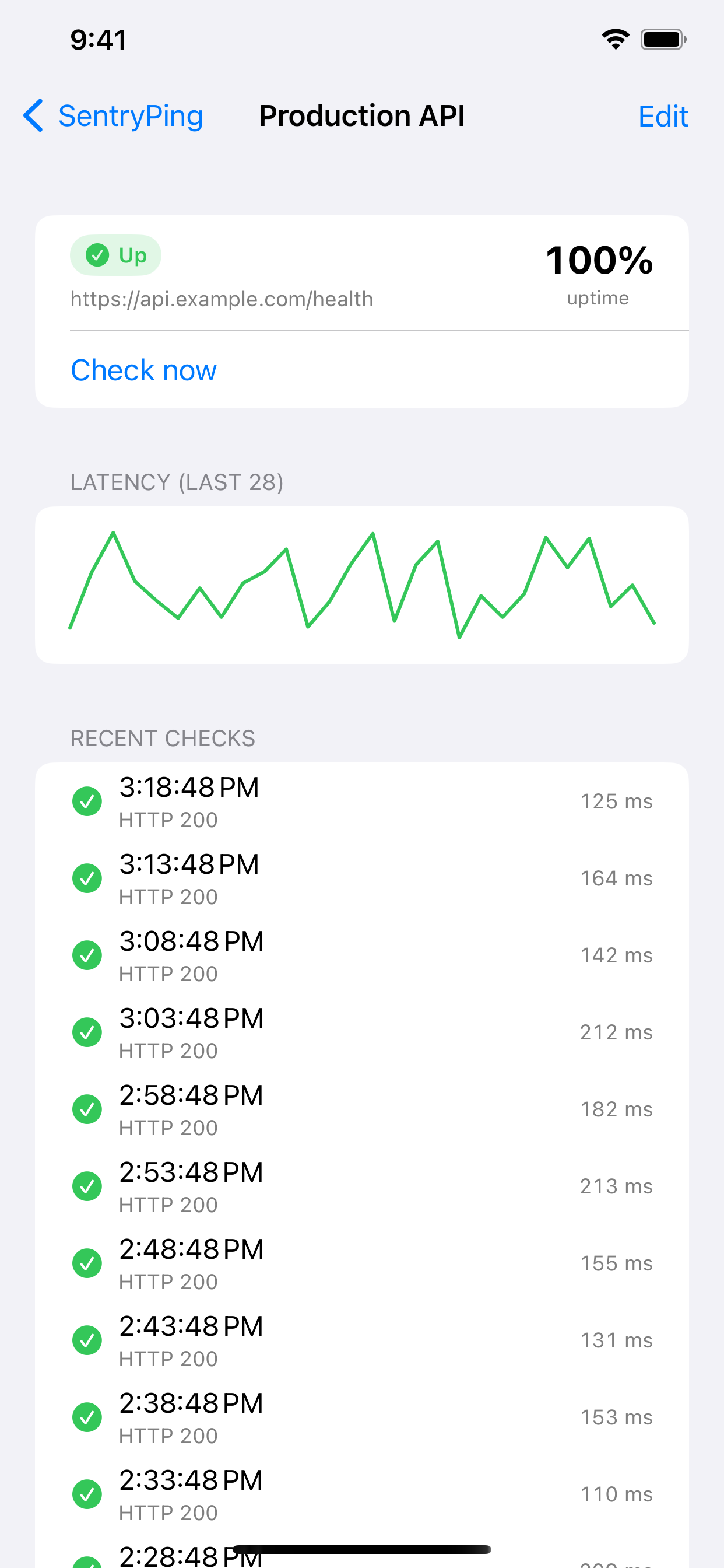 Monitor detail with uptime percentage and latency sparkline